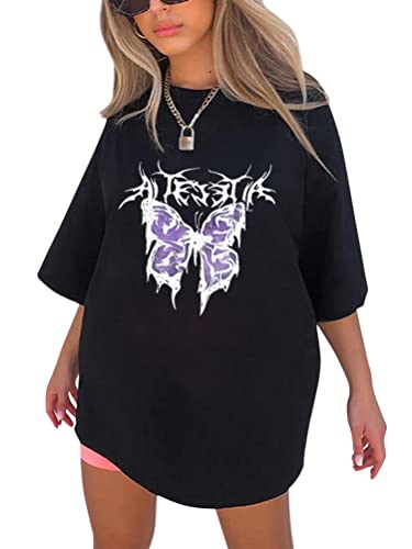 Tomwell Vintage Oberteile Damen Oversized Tshirt Lustig Streetwear Sonne Mond Motiv Sportshirt Kurzarm Sport Oberteile Sweatshirt Rundhals Teenager Mädchen Top Lang Q5 Schwarz XS von Tomwell