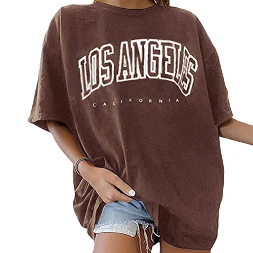 Tomwell Vintage Oberteile Damen Oversized Tshirt Lustig Streetwear Sportshirt Kurzarm Sport Oberteile Sweatshirt Rundhals Teenager Mädchen Top Lang Kaffee XS von Tomwell