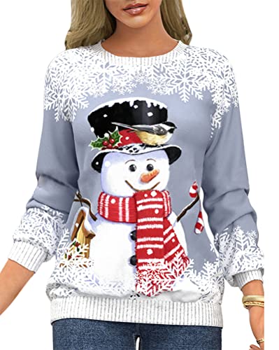 Tomwell Weihnachten Pullover Damen Weihnachtspullover Langarm Pullover Christmas Teenager Weihnachtspulli Strickpullover Festival Casual Sweater Sweatshirts A Grau XXL von Tomwell