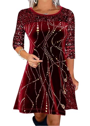 Tomwell Weihnachtskleid Damen Elegant Abendkleider Weihnachtskostüme Damen für Weihnachtsfeier Swing Plisseekleid Knielang A-Linie Cocktailkleid C Rot XL von Tomwell