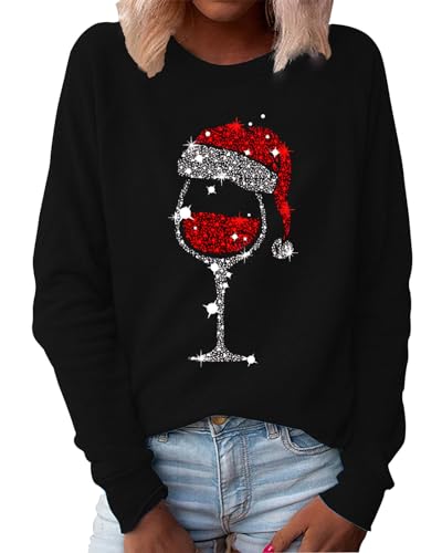 Tomwell Weihnachtspullover Damen Langarm Rundhals Oberteil Casual Mode Weihnachten Sweatshirt Weihnachtsdruck Weihnachtspulli Christmas Streetwear D Schwarz M von Tomwell