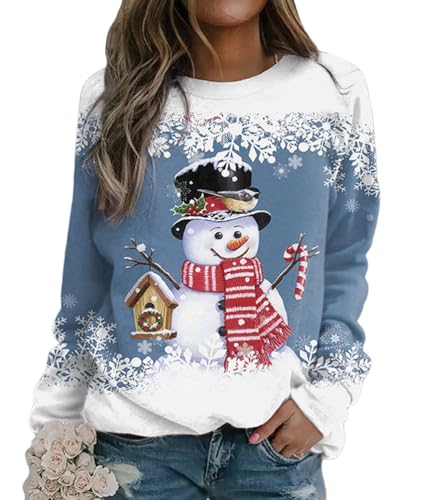 Tomwell Weihnachtspullover Damen Lustig Druck Christmas Sweatshirt Weihnachts Rundhals Pullover Schneemann Langarmshirt Xmas Pulli Oberteil Teenager Mädchen A Blau M von Tomwell