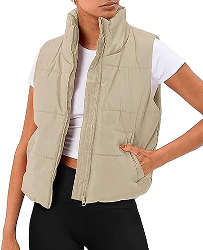 Tomwell Weste Damen Kurz Ärmellose Jacke Leicht Steppweste ohne Kapuze Reißverschluss Stehkragen Steppjacke Frühling Winter Warm Übergangsjacke A Khaki S von Tomwell