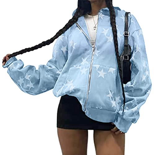 Tomwell Y2K Jacke Zip Up Hoodies für Damen Herren Sterne Motiv Graphics Harajuku für Paare Sweatshirt Vintage Kapuzenjacke Unisex Sweatjacke mit Kapuze 90er E-Girl Top D Blau M von Tomwell