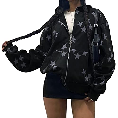 Tomwell Y2K Jacke Zip Up Hoodies für Damen Herren Sterne Motiv Graphics Harajuku für Paare Sweatshirt Vintage Kapuzenjacke Unisex Sweatjacke mit Kapuze 90er E-Girl Top D Schwarz L von Tomwell