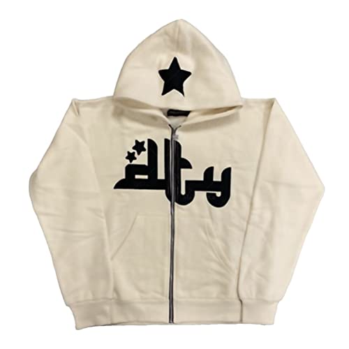 Tomwell Damen Y2K Jacke Zip Up Hoodies Sterne Motiv Graphics Harajuku für Paare Sweatshirt Vintage Kapuzenjacke Unisex Locker Sweatjacke mit Kapuze 90er E-Girl Top H Beige S von Tomwell