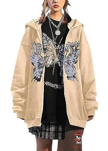 Tomwell Y2K Zip Up Hoodie Damen Oversized Sweatshirt Vintage Jacke Y2K Fashion Übergroße Schmetterlinge Pullover Aesthetic Damen 90S E-Girl Tops Goth Harajuku Sweatjacke A Beige M von Tomwell
