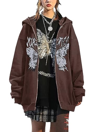 Tomwell Y2K Zip Up Hoodie Damen Oversized Sweatshirt Vintage Jacke Y2K Fashion Übergroße Schmetterlinge Pullover Aesthetic Damen 90S E-Girl Tops Goth Harajuku Sweatjacke A Braun XL von Tomwell