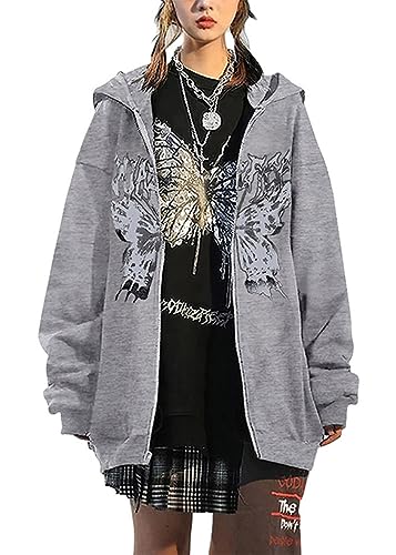 Tomwell Y2K Zip Up Hoodie Damen Oversized Sweatshirt Vintage Jacke Y2K Fashion Übergroße Schmetterlinge Pullover Aesthetic Damen 90S E-Girl Tops Goth Harajuku Sweatjacke A Hellgrau XL von Tomwell