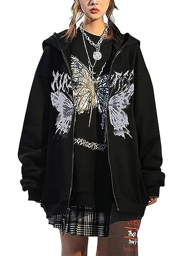 Tomwell Y2K Zip Up Hoodie Damen Oversized Sweatshirt Vintage Jacke Y2K Fashion Übergroße Schmetterlinge Pullover Aesthetic Damen 90S E-Girl Tops Goth Harajuku Sweatjacke A Schwarz L von Tomwell