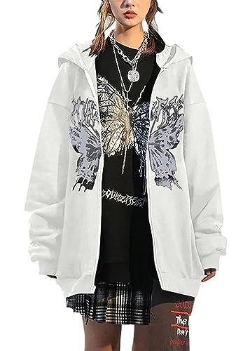 Tomwell Y2K Zip Up Hoodie Damen Oversized Sweatshirt Vintage Jacke Y2K Fashion Übergroße Schmetterlinge Pullover Aesthetic Damen 90S E-Girl Tops Goth Harajuku Sweatjacke A Weiß L von Tomwell