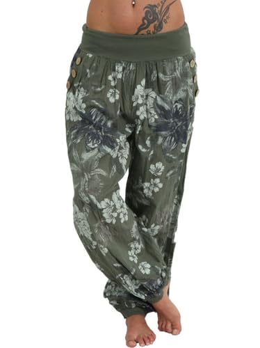 Tomwell Yogahose Damen Lässige Blumenmuster Haremshose Lang Strandhose mit Taschen A Grün 3XL von Tomwell