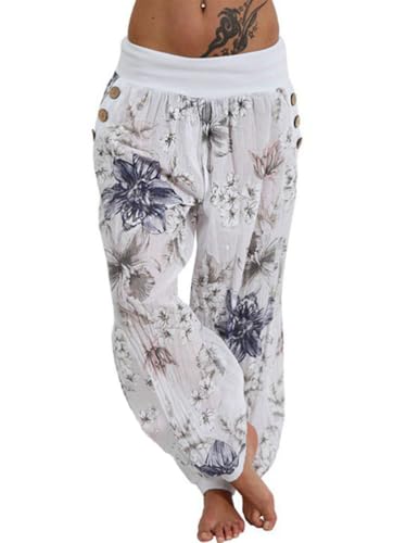 Tomwell Yogahose Damen Lässige Blumenmuster Haremshose Lang Strandhose mit Taschen A Weiß M von Tomwell