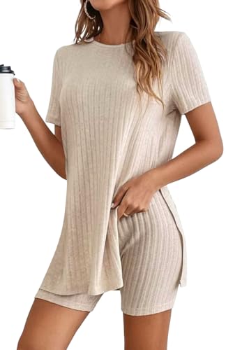 Tomwell Zweiteiler Damen Kurzarm Lounge Set Freizeit Rundhals Hosenanzug Elegant Gerippt Pyjama Sets A Aprikose S von Tomwell