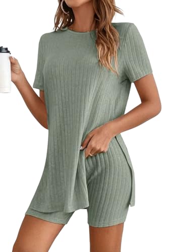 Tomwell Zweiteiler Damen Kurzarm Lounge Set Freizeit Rundhals Hosenanzug Elegant Gerippt Pyjama Sets A Hellgrün L von Tomwell