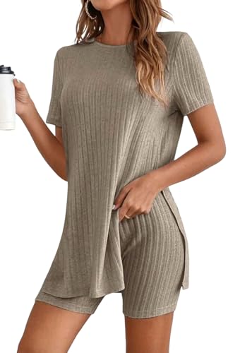 Tomwell Zweiteiler Damen Kurzarm Lounge Set Freizeit Rundhals Hosenanzug Elegant Gerippt Pyjama Sets A Khaki M von Tomwell