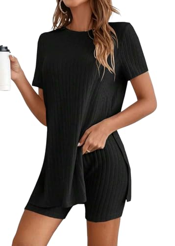 Tomwell Zweiteiler Damen Kurzarm Lounge Set Freizeit Rundhals Hosenanzug Elegant Gerippt Pyjama Sets A Schwarz S von Tomwell