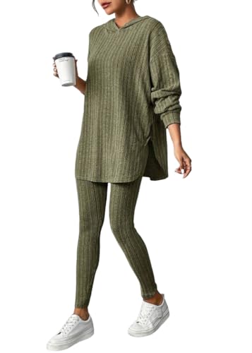 Tomwell Zweiteiler Damen Langarm Gerippt Strickpullover mit Kapuze + Hose Jogginganzug Outfit Set Hausanzug Freizeitanzug A Armeegrün M von Tomwell