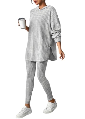 Tomwell Zweiteiler Damen Langarm Gerippt Strickpullover mit Kapuze + Hose Jogginganzug Outfit Set Hausanzug Freizeitanzug A Grau M von Tomwell