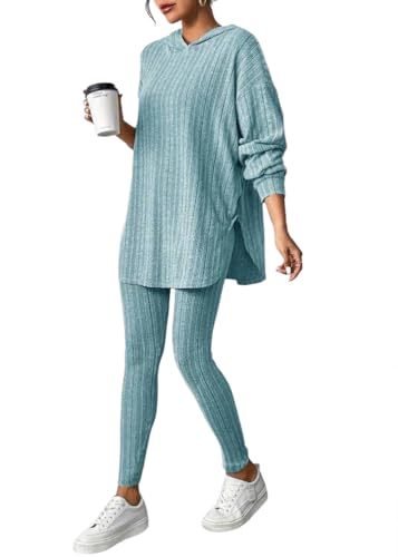 Tomwell Zweiteiler Damen Langarm Gerippt Strickpullover mit Kapuze + Hose Jogginganzug Outfit Set Hausanzug Freizeitanzug A Hellblau M von Tomwell