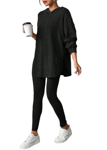 Tomwell Zweiteiler Damen Langarm Gerippt Strickpullover mit Kapuze + Hose Jogginganzug Outfit Set Hausanzug Freizeitanzug A Schwarz L von Tomwell