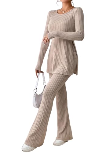 Tomwell Zweiteiler Damen Langarm Lounge Set Freizeit Hosenanzug Gerippt Top Und Hose Elegant Pyjama Set von Tomwell