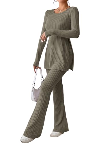 Tomwell Zweiteiler Damen Langarm Lounge Set Freizeit Hosenanzug Gerippt Top Und Hose Elegant Pyjama Set von Tomwell