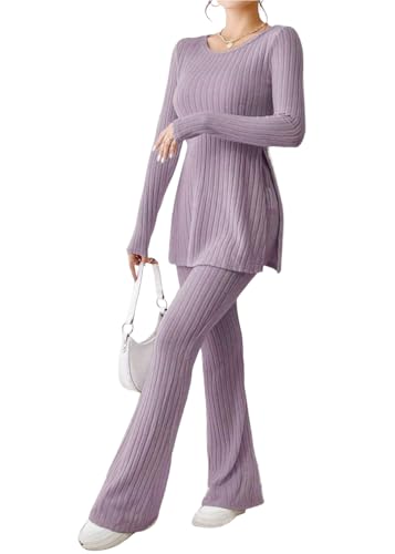 Tomwell Zweiteiler Damen Langarm Lounge Set Freizeit Hosenanzug Gerippt Top Und Hose Elegant Pyjama Set von Tomwell