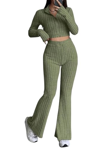 Tomwell Zweiteiler Damen Lounge Set Langarm Gerippt Crop Top Und Hose Loungewear Set Slim Fit Zweiteiler Outfit A Armeegrün XS von Tomwell