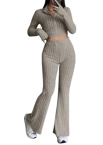 Tomwell Zweiteiler Damen Lounge Set Langarm Gerippt Crop Top Und Hose Loungewear Set Slim Fit Zweiteiler Outfit A Khaki M von Tomwell