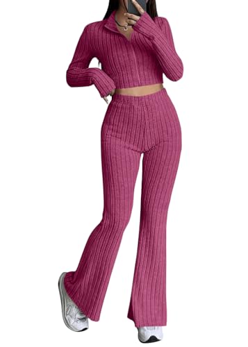 Tomwell Zweiteiler Damen Lounge Set Langarm Gerippt Crop Top Und Hose Loungewear Set Slim Fit Zweiteiler Outfit A Rose Rot XS von Tomwell