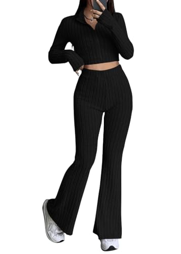Tomwell Zweiteiler Damen Lounge Set Langarm Gerippt Crop Top Und Hose Loungewear Set Slim Fit Zweiteiler Outfit A Schwarz M von Tomwell
