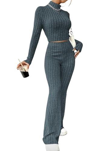 Tomwell Zweiteiler Damen Lounge Set Langarm Gerippt Crop Top Und Hose Loungewear Set Slim Fit Zweiteiler Outfit B Blau M von Tomwell