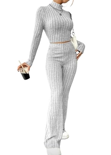 Tomwell Zweiteiler Damen Lounge Set Langarm Gerippt Crop Top Und Hose Loungewear Set Slim Fit Zweiteiler Outfit B Grau S von Tomwell