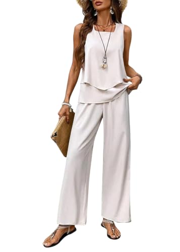 Tomwell Zweiteiler Damen Quadratischer Ausschnitt Sommer Outfits Ärmellos Hosenanzug Tank Top und Hose mit Weitem Bein Sets A Aprikose XL von Tomwell