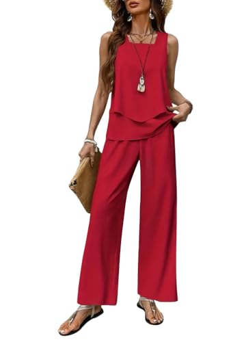 Tomwell Zweiteiler Damen Quadratischer Ausschnitt Sommer Outfits Ärmellos Hosenanzug Tank Top und Hose mit Weitem Bein Sets A Rot L von Tomwell