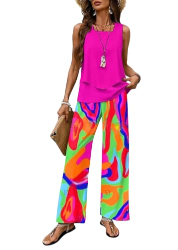 Tomwell Zweiteiler Damen Quadratischer Ausschnitt Sommer Outfits Ärmellos Hosenanzug Tank Top und Hose mit Weitem Bein Sets B Rose Rot L von Tomwell