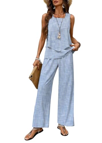 Tomwell Zweiteiler Damen Quadratischer Ausschnitt Sommer Outfits Ärmellos Hosenanzug Tank Top und Hose mit Weitem Bein Sets C Blau M von Tomwell