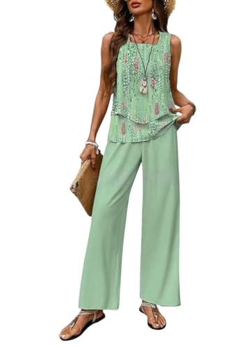 Tomwell Zweiteiler Damen Quadratischer Ausschnitt Sommer Outfits Ärmellos Hosenanzug Tank Top und Hose mit Weitem Bein Sets C Grün XXL von Tomwell