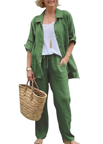 Tomwell Zweiteiler Damen Sommer Elegant Hosenanzug Outfits 2 Teiler Set Weites Bein Hosen + Button Down Langarmshirt A Grün 3XL von Tomwell