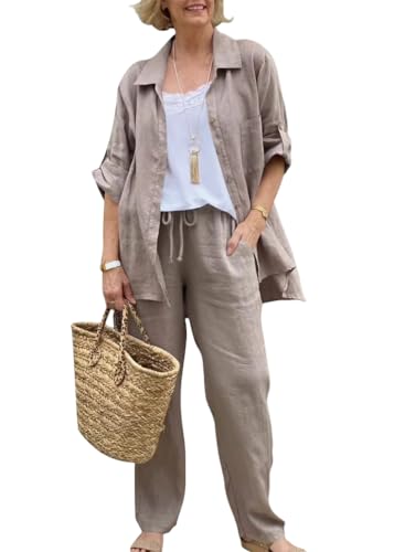 Tomwell Zweiteiler Damen Sommer Elegant Hosenanzug Outfits 2 Teiler Set Weites Bein Hosen + Button Down Langarmshirt A Khaki 3XL von Tomwell