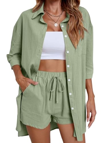 Tomwell Zweiteiler Damen Sommer Frühling Streetwear Urban Casual Damen Musselin Bluse DREI Viertel Ärmel Hemd und Shorts mit Kordelzug Mode 2 Teiler Baumwolle und Leinen Set A Grün XS von Tomwell