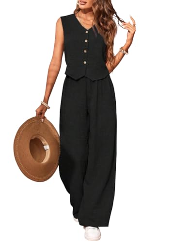 Tomwell Zweiteiler Damen Sommer V-Ausschnitt Weste und Hosen Hohe Taille 2 Teilig Streetwear Elegant Musselin Set A Schwarz L von Tomwell