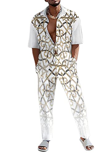 Tomwell Zweiteiler Herren Sommer Freizeitanzug Einfarbig 2-teilig Langarm Button-Up Stehkragen Hemd und Shorts Beach Strand Shirt Kurze Hose Set Anzug B Weiß4 M von Tomwell