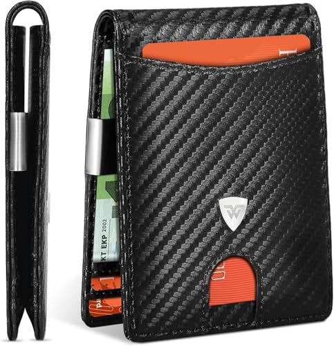 Tomylv Geldbörse Herren Slim RFID-Blockierung Kohlefaserleder Portmonee mit 12 Kreditkartenfächern, Geldscheinklammer, minimalistischer Bi-Fold Geldbörse - Schwarz von Tomylv