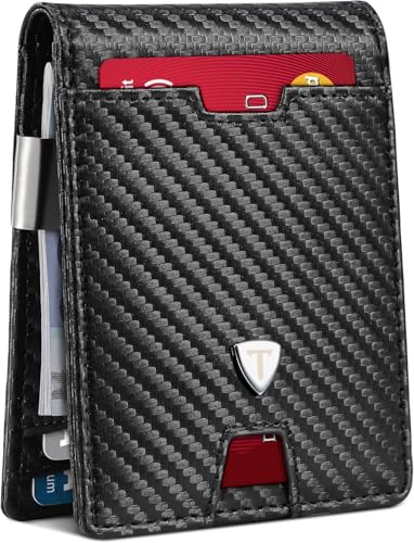 Tomylv Geldbörse Herren Slim RFID Blocking Portmonee Herren Kohlefaserleder mit 13 Kartenetui, Ausweisfenster, Geldscheinklammer, Minimalistischer Geldbörse mit Geschenkbox - Schwarz von Tomylv
