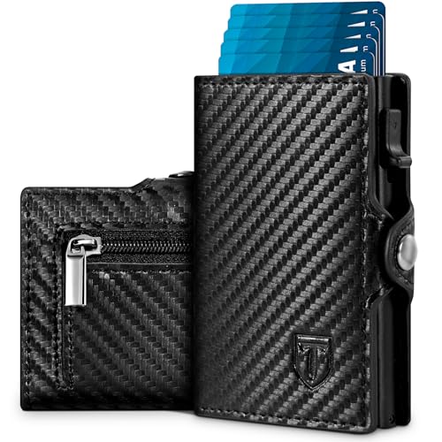 Tomylv Geldbörse Herren Slim RFID Schutz Kohlenstofffaser Portmonee Herren, Automatisches Popup Geldbeutel Herren Kartenetui Kreditkartenetui mit Banknotenfächer, Münzfach und Geschenkbox - Schwarz von Tomylv