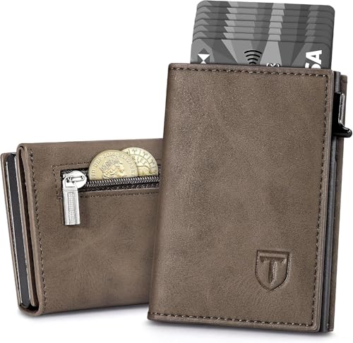 Tomylv Geldbörse Herren, Slim Wallet RFID Schutz Leder Magnetisch Portmonee Herren, Wallets for Men Kartenetui Klein, 8 Fächer für Kreditkarten Münzfach, Ausweisfenster – Braun (Minimalistisch) von Tomylv