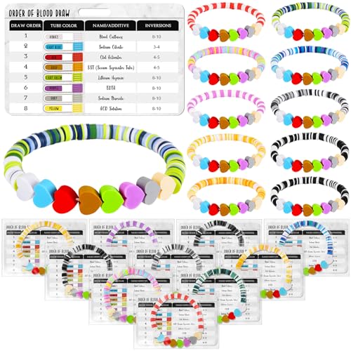 10 Sets Phlebotomy Essentials Reihenfolge der Zeichnung Referenzkarten mit Perlenarmband, Phlebotomie-Übungsset, buntes stapelbares Stretch-Armband für Krankenschwestern, Schule, Studenten von Tondiamo