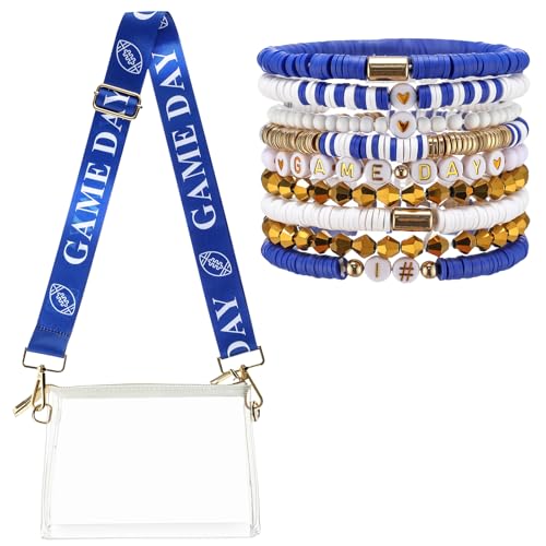 Tondiamo 2 x transparente Umhängetasche für den Spieltag und stapelbares Heishi-Perlen-Stretch-Armband für Fußballstadion-Event-Outfit, Blau, Game Day von Tondiamo